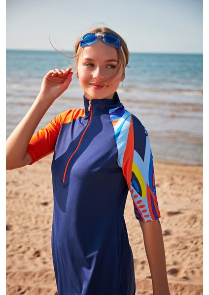 Lacivert Taytlı Yarı Kapalı Mayo M2372