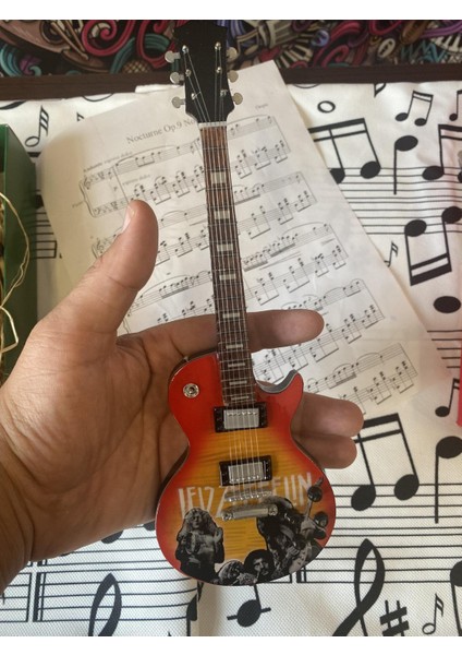 Elektro Gitar El Yapımı Ahşap Minyatür Biblo 25 cm 2 LED Zeppelin Jimmy Page