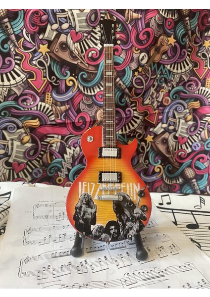 Elektro Gitar El Yapımı Ahşap Minyatür Biblo 25 cm 2 LED Zeppelin Jimmy Page