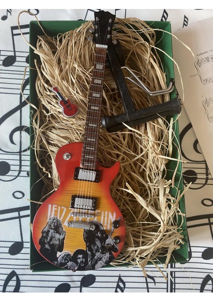 Elektro Gitar El Yapımı Ahşap Minyatür Biblo 25 cm 2 LED Zeppelin Jimmy Page