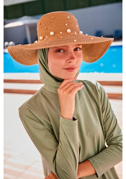 Incili Camel Geniş Hasır Şapka 1423210