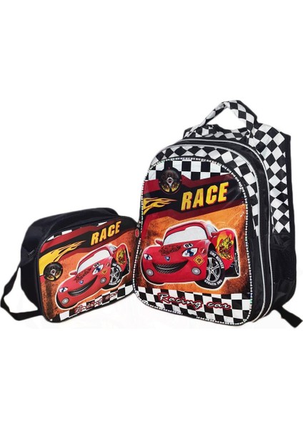 Race Car Sırt Çantası + Beslenme - Cars Ilkokul Çantası - Erkek Çanta Çocuk Çantası Okul Çantası