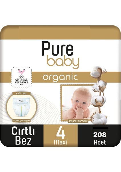 Pure Baby Organic Bebek Bezi 4 Numara Maxi 7-16 kg 208 Adet