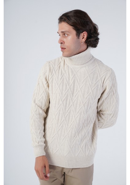Erkek Yürütme Saç Örgülü Çarpı Desenli Balıkçı Yaka Triko Yün Kazak TRIST-5310