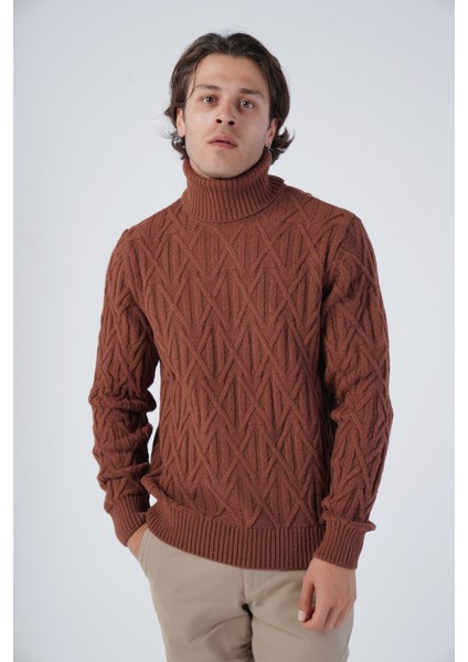 Erkek Yürütme Saç Örgülü Çarpı Desenli Balıkçı Yaka Triko Yün Kazak TRIST-5310