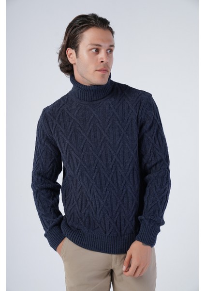 Erkek Yürütme Saç Örgülü Çarpı Desenli Balıkçı Yaka Triko Yün Kazak TRIST-5310