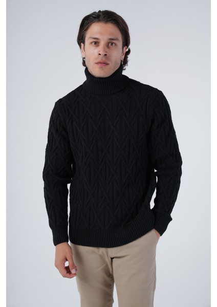 Erkek Yürütme Saç Örgülü Çarpı Desenli Balıkçı Yaka Triko Yün Kazak TRIST-5310