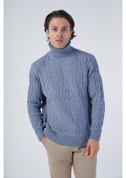 Erkek Yürütme Saç Örgülü Çarpı Desenli Balıkçı Yaka Triko Yün Kazak TRIST-5310
