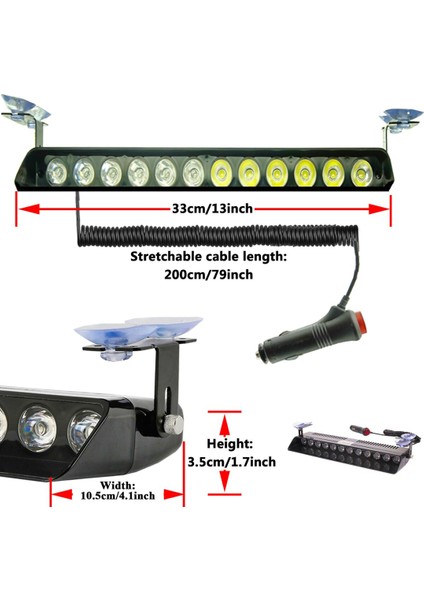 ŞüsCarOto Aksesuar S12 Cam Içi Vantuzlu Ambulans Itfaiye Çakar Lamba Ikaz Lambası 12 Ledli 12 Farklı Mod Sarı Beyaz Çakmaklık Girişli