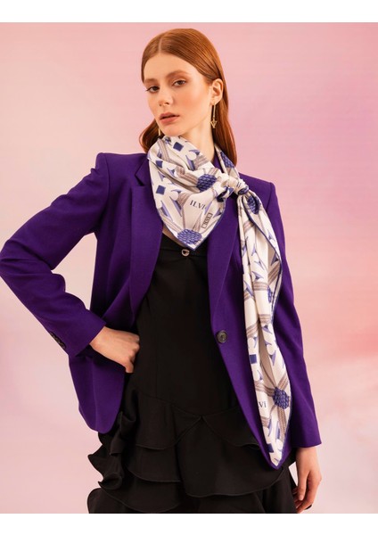 Herleif Kadın Eşarp Beyaz Mor İpek Twill