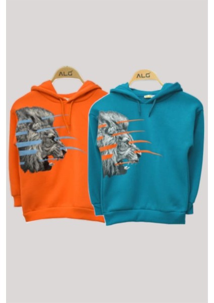 Erkek Çocuk Aslanlı Şardonlu Kapüşonlu Sweatshirt 223649 Turuncu