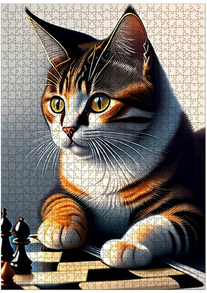 Tablomega Ahşap Mdf Puzzle Yapboz Satranç Oynayan Kedi 1000 Parça 50*70 cm