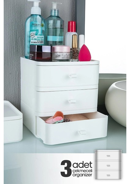 Lorebox 3lü Takı Makyaj ve Kozmetik Düzenleyici Çekmeceli Ofis Masa Organizeri Saklama Kutusu Beyaz