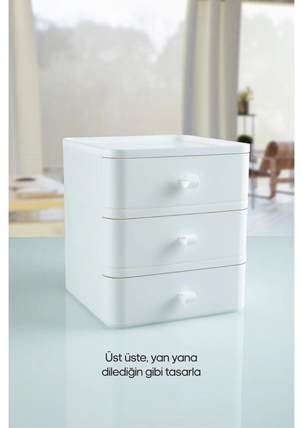 Lorebox 3lü Takı Makyaj ve Kozmetik Düzenleyici Çekmeceli Ofis Masa Organizeri Saklama Kutusu Beyaz fırsatları