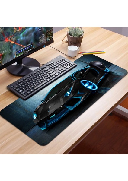 Tron Yarış Arabası Temalı Kaydırmaz Gaming Oyuncu Masaüstü Dikişsiz Siyah Klavye Pad 32X70CM