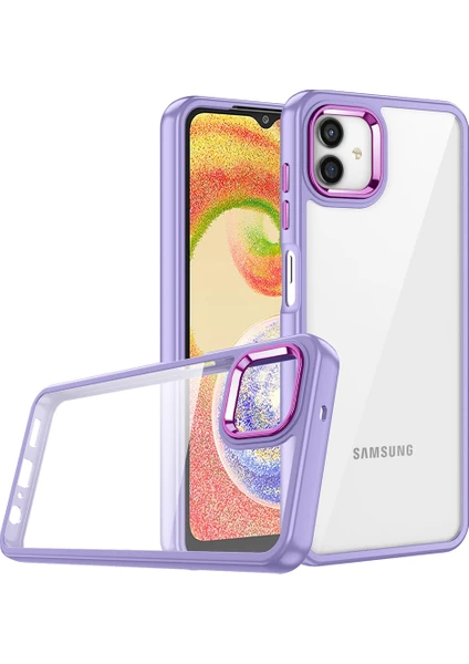 Case World Samsung Galaxy A04E Kapak Metal Kamera Korumalı Arkası Şeffaf Silikon Kılıf - Lila