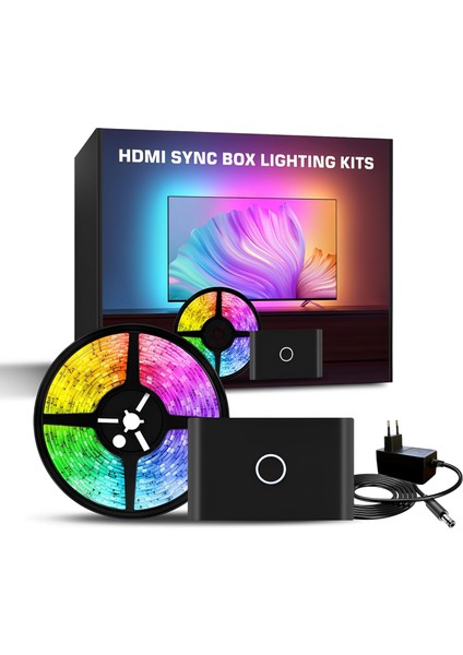 (66-85" TVler) HDMI Bağlantılı Görüntü ve Ortam Sesi Ile Senkronize Tv Arkası LED Işıklandırma Seti, HDMI Sync Box Set