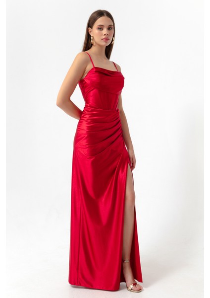 Kadın Kırmızı Balen Korse Detaylı Yırtmaçlı Uzun Abiye Elbise