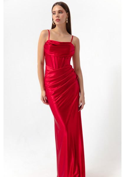 Kadın Kırmızı Balen Korse Detaylı Yırtmaçlı Uzun Abiye Elbise fiyatları