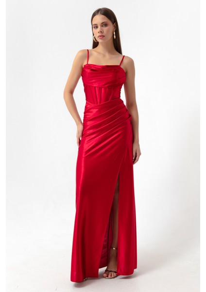 Kadın Kırmızı Balen Korse Detaylı Yırtmaçlı Uzun Abiye Elbise modelleri