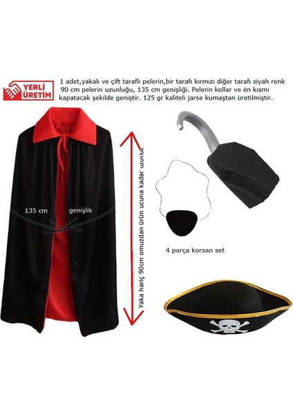 Kırmızı Siyah Renk 90 cm Çift Taraflı Korsan Pelerini Maskesi Kancası ve Şapkası Seti 4 Parça 6-10 Yaş Hallow