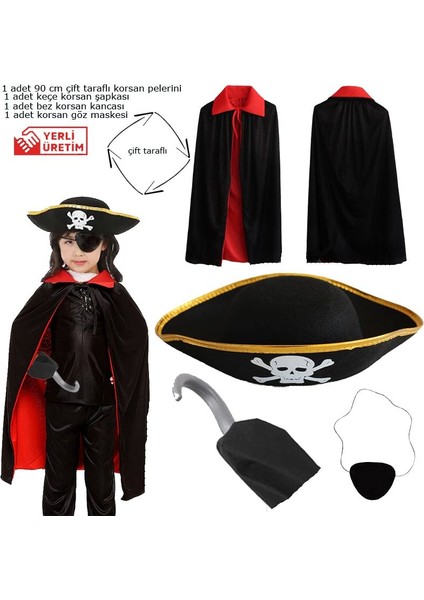Kırmızı Siyah Renk 90 cm Çift Taraflı Korsan Pelerini Maskesi Kancası ve Şapkası Seti 4 Parça 6-10 Yaş Hallow fiyatları