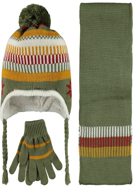 Erkek Çocuk Atkı Bere Eldiven Seti 10-13 Yaş Yeşil