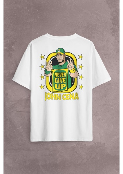 John Cena Wwe Logo Never Give Up Amerikan Güreşi Sırt Ön Baskılı Oversize Tişört T-Shirt
