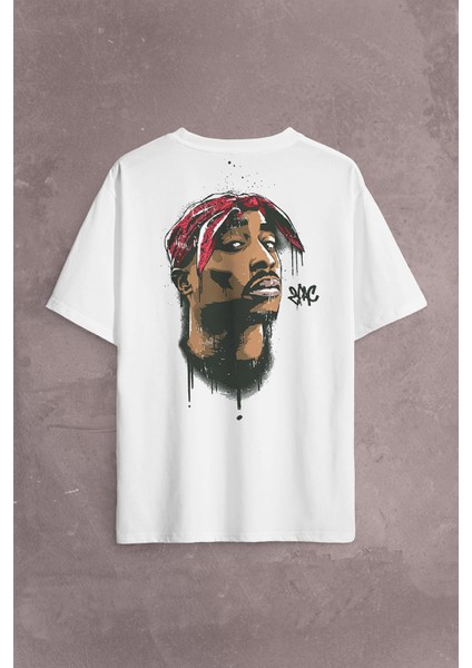 2pac Tupac Shakur Makaveli Cartoon Atwork Hip Hop Sırt Ön Baskılı Oversize Tişört T-Shirt