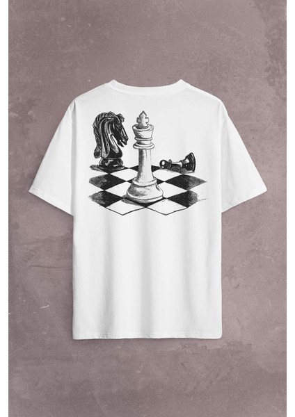 Satranç Zeka Oyunu Şah Mat Vezir Chess Santranç Sırt Ön Baskılı Oversize Tişört T-Shirt fiyatları