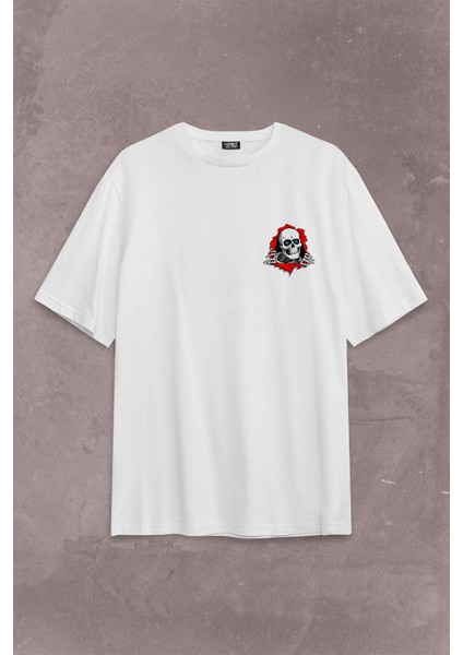 Powell Peralta Skull Kuru Kafa Skeleton Mavi Göz Sırt Ön Baskılı Oversize Tişört T-Shirt