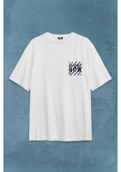Future Is Now Colorful Gelecek Şimdi Renkli Desen Yazı Sırt Baskılı Oversize Tişört T-Shirt fiyatları