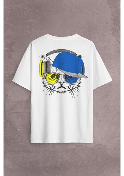 Cat Glasses Gözlüklü Sarı Lacivert Fenerbahçe Kedi Sırt Ön Baskılı Oversize Tişört T-Shirt