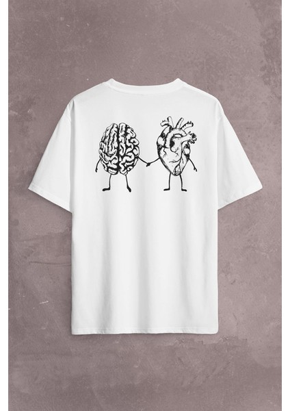 Kalp ve Beyin Aşk Akıl Mantık El Ele Duygusal Zeka Sırt Ön Baskılı Oversize Tişört T-Shirt