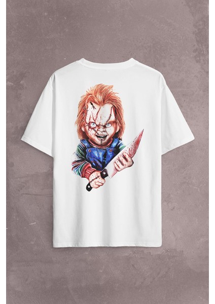 Chucky Charles Lee Ray Oyuncak Bebek Bıçak Sırt Ön Baskılı Oversize Tişört T-Shirt fiyatları