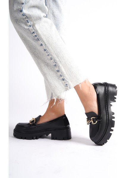 MB1180-S Kalın Taban Siyah Kadın Tokalı Kolej Loafer modelleri