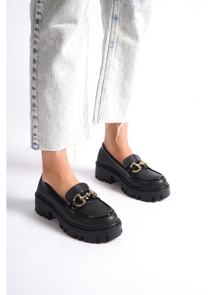 MB1180-S Kalın Taban Siyah Kadın Tokalı Kolej Loafer