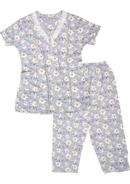 Kadın Gri Çiçekli Kaprili Kısa Kol Bambu Yazlık Rahat Pijama Takımı 6573