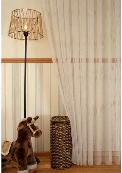 Çizgili Şantuklu Keten Tül Bej Rengi 1-2 Seyrek Pile 300X260