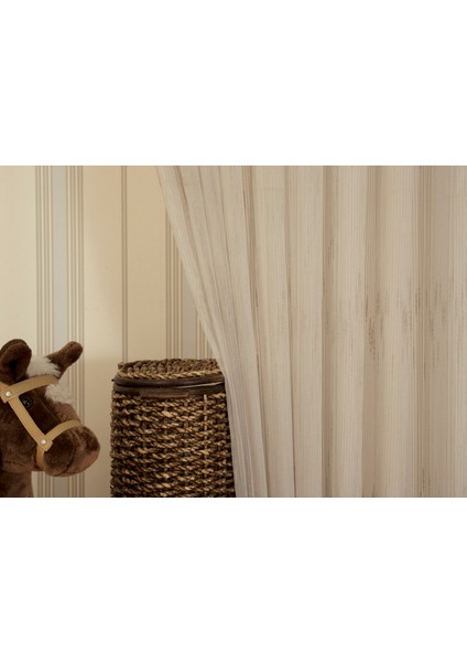 Çizgili Şantuklu Keten Tül Bej Rengi 1-2 Seyrek Pile 300X260 fiyatları