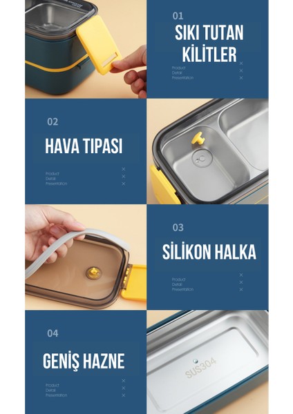 Bento 1400ML Lunchbox Yeni Koleksiyon Iki Katlı 2 Bölmeli Çelik Sefer Tası Yemek Kutusu