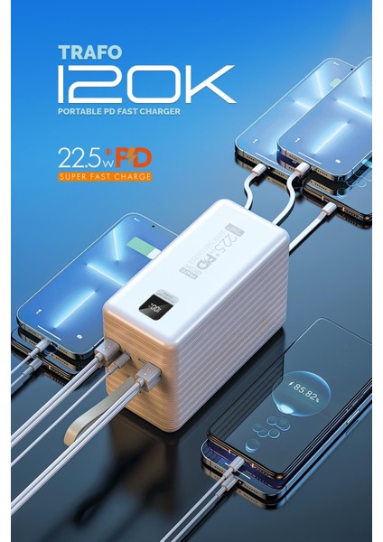 120.000 Mah Pd 22.5W Hızlı Şarj Dahili Kablolu Gerçek 120.000 Mah Trafo Powerbank