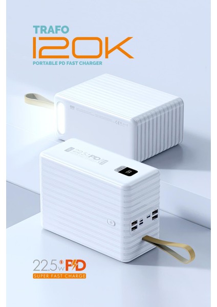 120.000 Mah Pd 22.5W Hızlı Şarj Dahili Kablolu Gerçek 120.000 Mah Trafo Powerbank