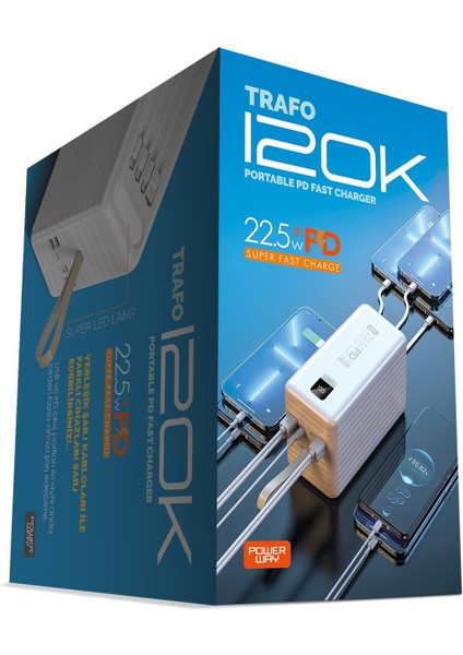 120.000 Mah Pd 22.5W Hızlı Şarj Dahili Kablolu Gerçek 120.000 Mah Trafo Powerbank