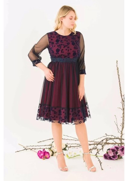 Büzgü Detaylı Inci ve Taş Süslemeli Tül Büyük Beden Elbise 1625-BORDO modelleri