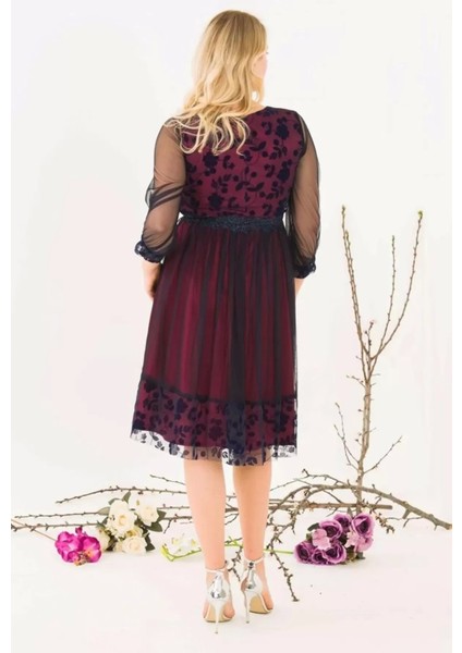 Büzgü Detaylı Inci ve Taş Süslemeli Tül Büyük Beden Elbise 1625-BORDO indirimleri