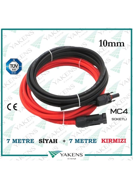 Yakens Enerji Mc4 Soketli (7m+7m) 14 Metre 10MM Güneş Paneli Hazır Solar Kablo Siyah Kırmızı