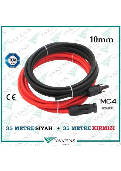Mc4 Soketli (35M+35M) 70 Metre 10MM Güneş Paneli Hazır Solar Kablo Siyah Kırmızı
