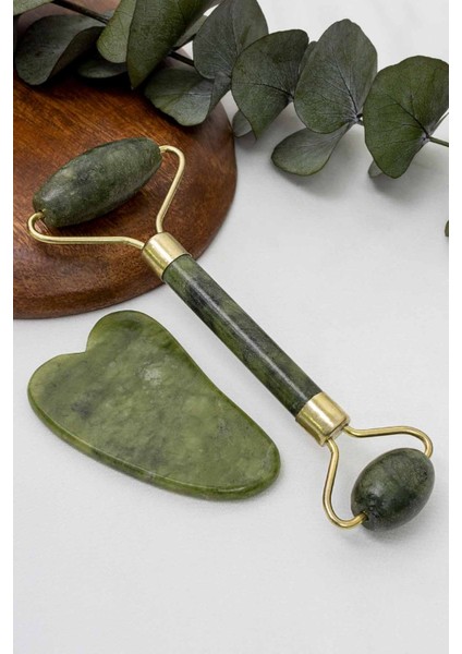 Jade Roller Gua Sha Taşı Seti 2'li Yeşim Taşı