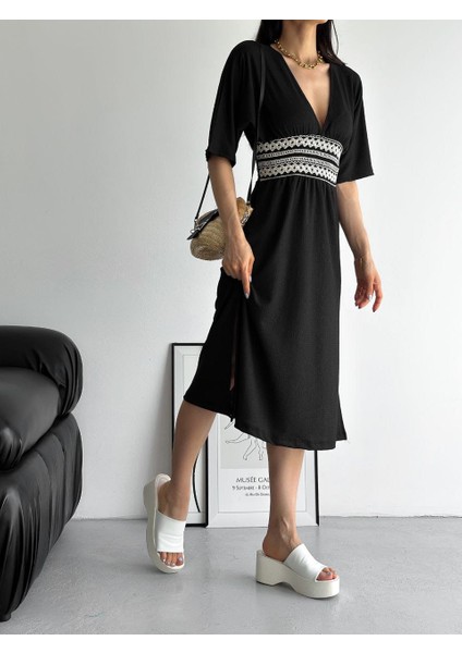 Bürümcük Kumaş Beli Gipe Nakışlı Elbise